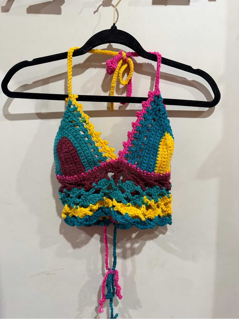 Handmade Crochet Halter Tank Top - Teal, Yellow & Magenta